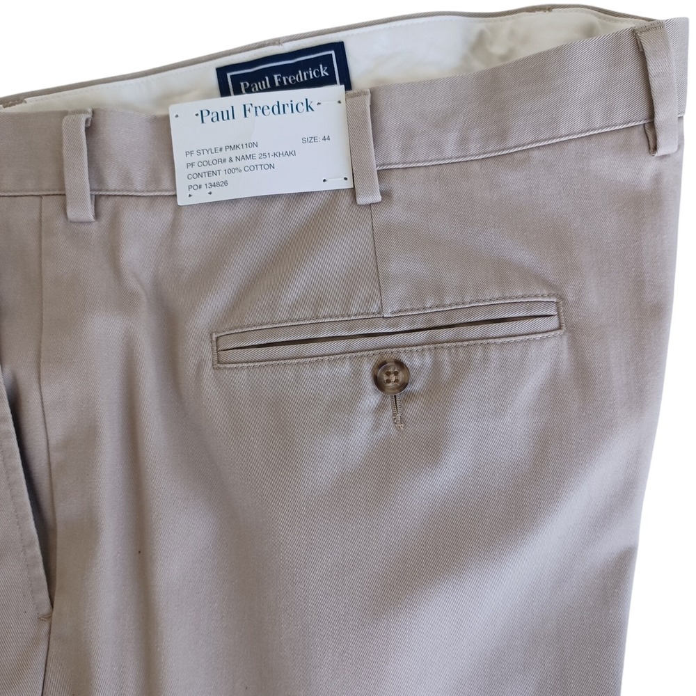 NWT Paul Fredrick Mens Pleated Cotton Khaki Trousers 44 Unhemmed Tan Pants